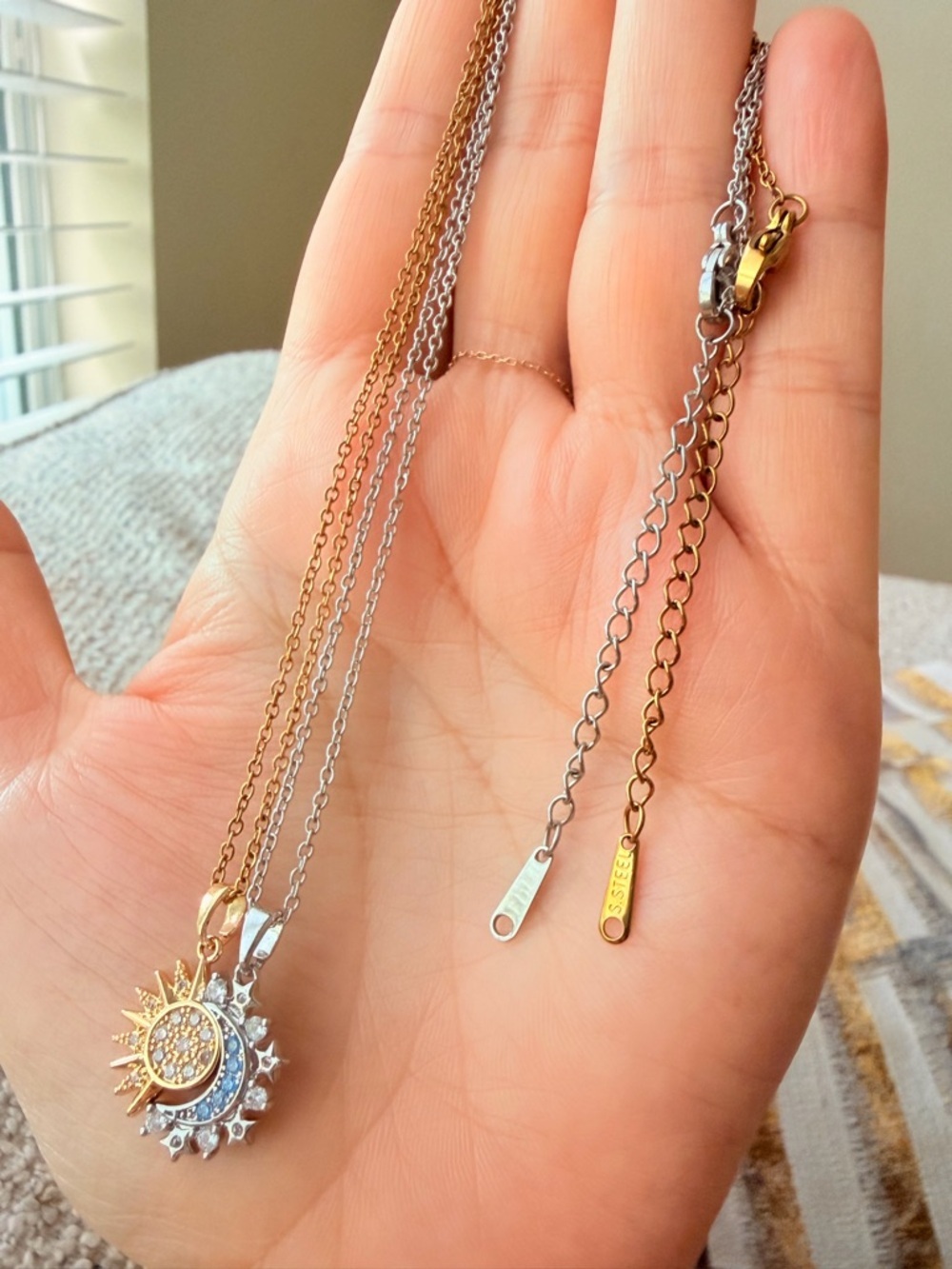 Gold and Silver Sun & Moon Pendant Necklace with Blue Accents - Picture 5 of 9